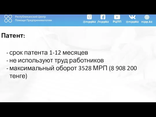 Патент: срок патента 1-12 месяцев не используют труд работников максимальный оборот