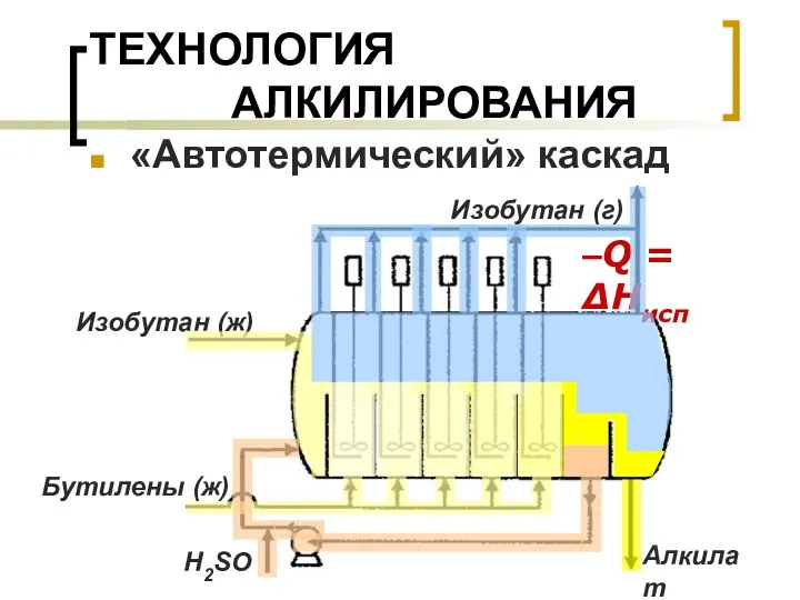 ТЕХНОЛОГИЯ АЛКИЛИРОВАНИЯ «Автотермический» каскад Изобутан (ж) Бутилены (ж) H2SO4 Изобутан (г) Алкилат –Q = ∆Hисп