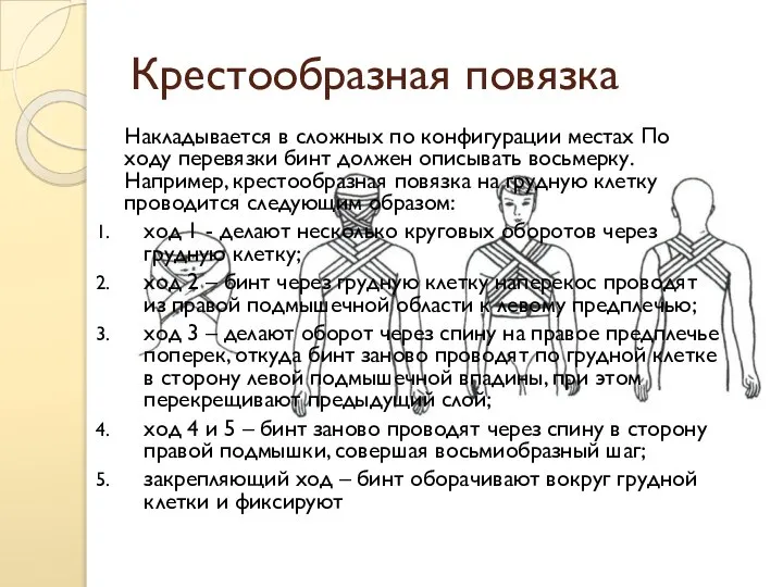 Крестообразная повязка Накладывается в сложных по конфигурации местах По ходу перевязки