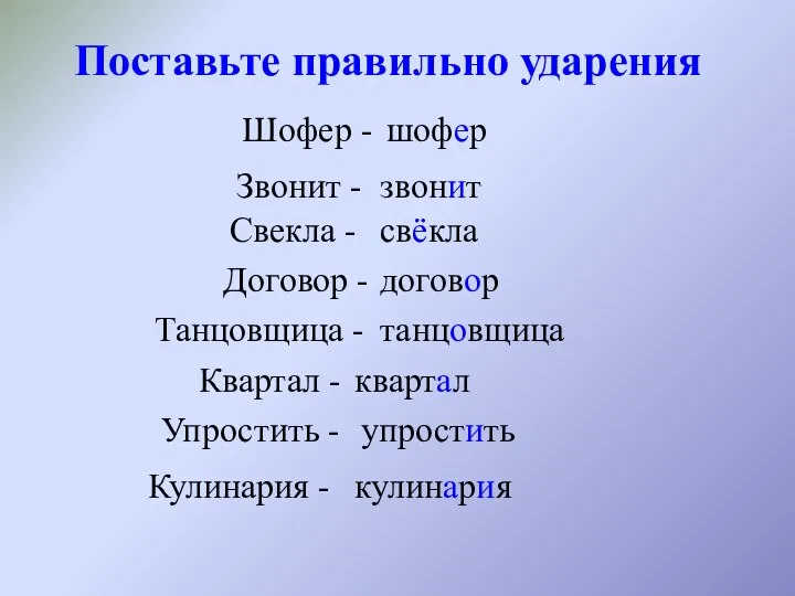 Поставьте правильно ударения Шофер - шофер Звонит - звонит Свекла -