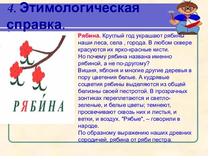 4. Этимологическая справка. Рябина. Круглый год украшают рябины наши леса, села