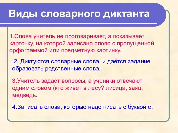 Виды словарного диктанта 1.Слова учитель не проговаривает, а показывает карточку, на