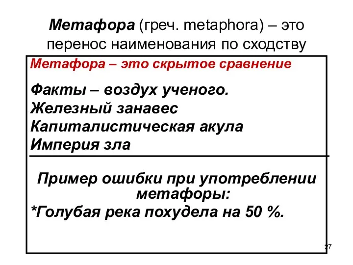 Метафора (греч. metaphora) – это перенос наименования по сходству Метафора –