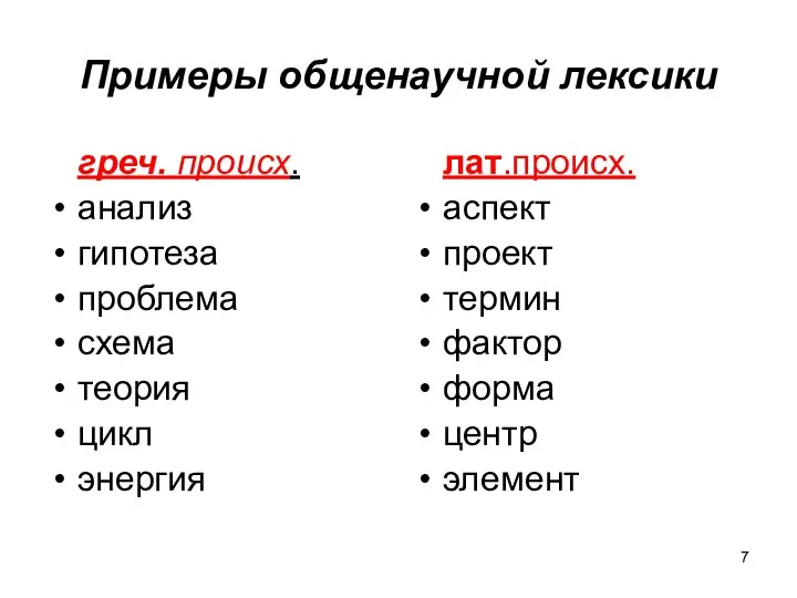 Примеры общенаучной лексики греч. происх. анализ гипотеза проблема схема теория цикл