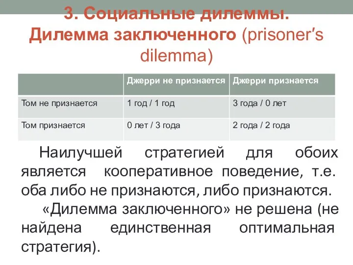 3. Социальные дилеммы. Дилемма заключенного (prisoner′s dilemma) Наилучшей стратегией для обоих