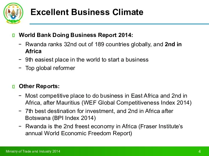 Excellent Business Climate World Bank Doing Business Report 2014: Rwanda ranks