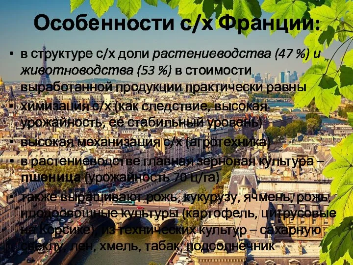 Особенности с/х Франции: в структуре с/х доли растениеводства (47 %) и