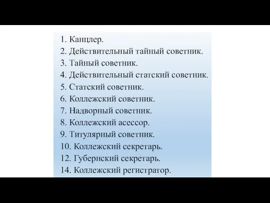 1. Канцлер. 2. Действительный тайный советник. 3. Тайный советник. 4. Действительный