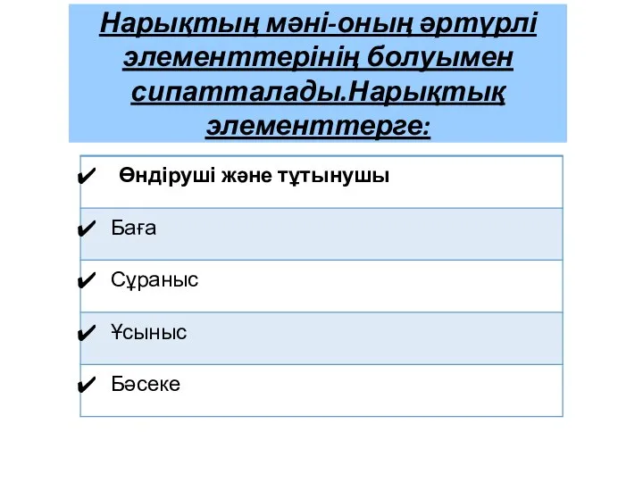 Нарықтың мәні-оның әртүрлі элементтерінің болуымен сипатталады.Нарықтық элементтерге: