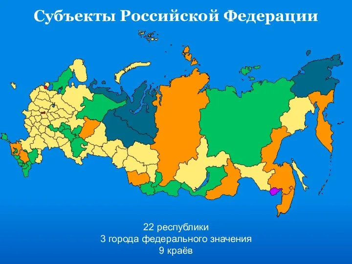 Субъекты Российской Федерации 22 республики 3 города федерального значения 9 краёв