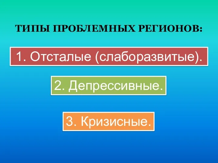 ТИПЫ ПРОБЛЕМНЫХ РЕГИОНОВ: 1. Отсталые (слаборазвитые). 2. Депрессивные. 3. Кризисные.