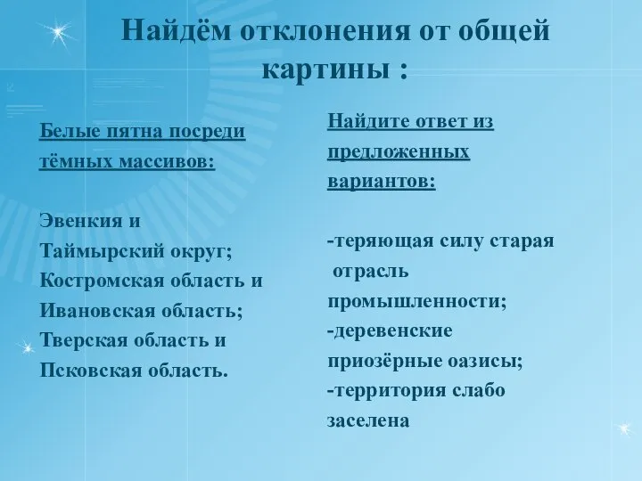 Найдём отклонения от общей картины : Белые пятна посреди тёмных массивов: