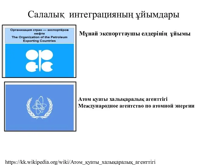 Мұнай экспорттаушы елдерінің ұйымы Салалық интеграцияның ұйымдары Атом қуаты халықаралық агенттігі