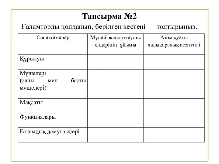 Тапсырма №2 Ғаламторды қолданып, берілген кестені толтырыңыз.