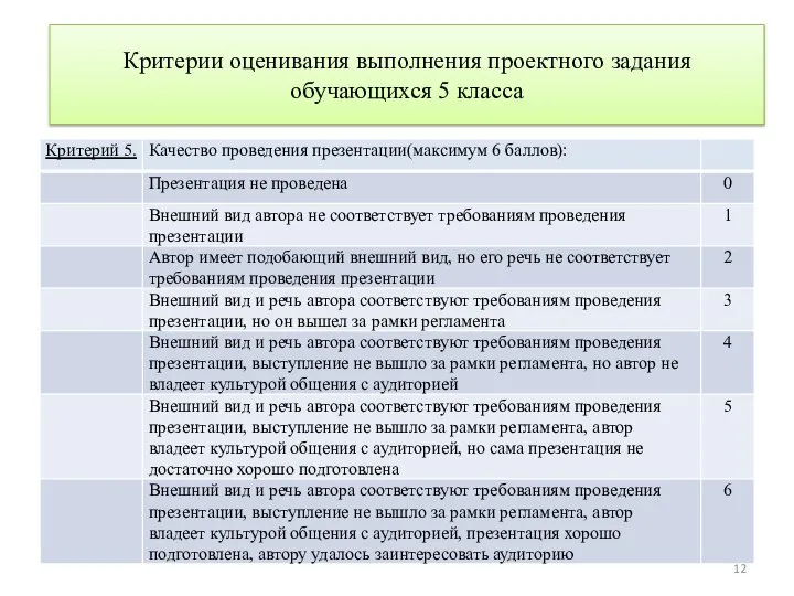 Критерии оценивания выполнения проектного задания обучающихся 5 класса