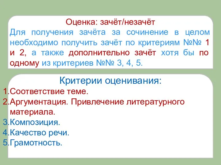 Оценка: зачёт/незачёт Для получения зачёта за сочинение в целом необходимо получить