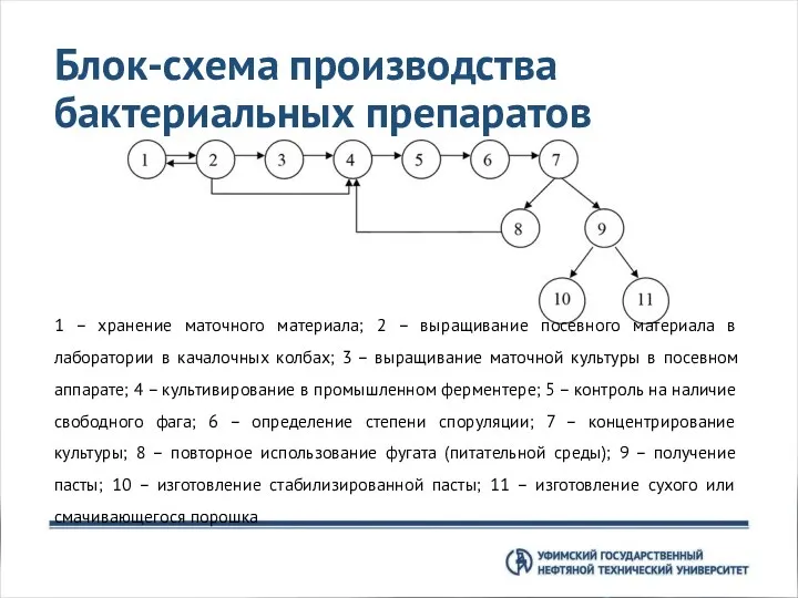 Блок-схема производства бактериальных препаратов 1 – хранение маточного материала; 2 –