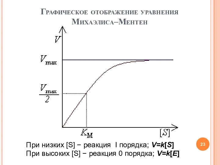 Графическое отображение уравнения Михаэлиса–Ментен При низких [S] − реакция I порядка;