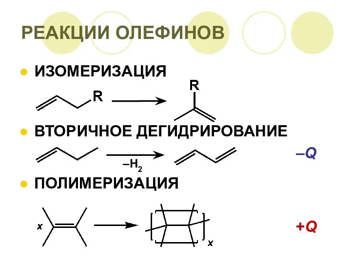 РЕАКЦИИ ОЛЕФИНОВ ИЗОМЕРИЗАЦИЯ ВТОРИЧНОЕ ДЕГИДРИРОВАНИЕ ПОЛИМЕРИЗАЦИЯ –H2 –Q +Q