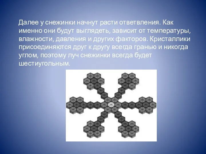 Далее у снежинки начнут расти ответвления. Как именно они будут выглядеть,