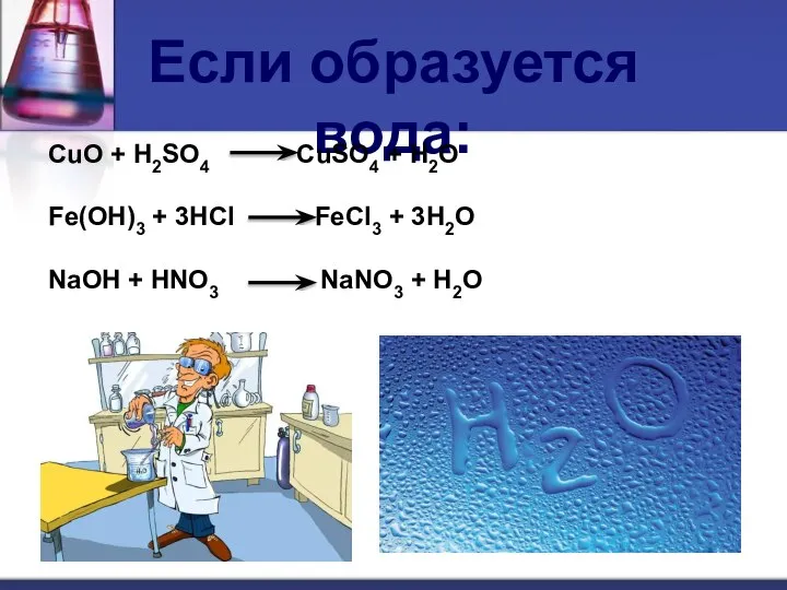 Если образуется вода: CuO + H2SO4 CuSO4 + H2O Fe(OH)3 +