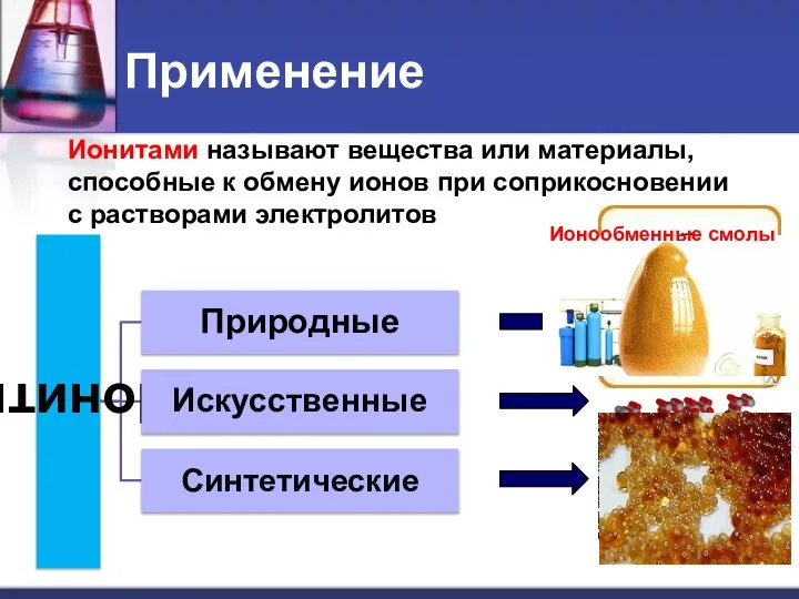 Применение Ионитами называют вещества или материалы, способные к обмену ионов при