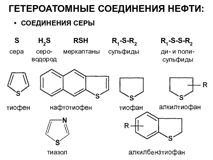 S H2S RSH R1-S-R2 R1-S-S-R2 сера серо- водород меркаптаны сульфиды ди-