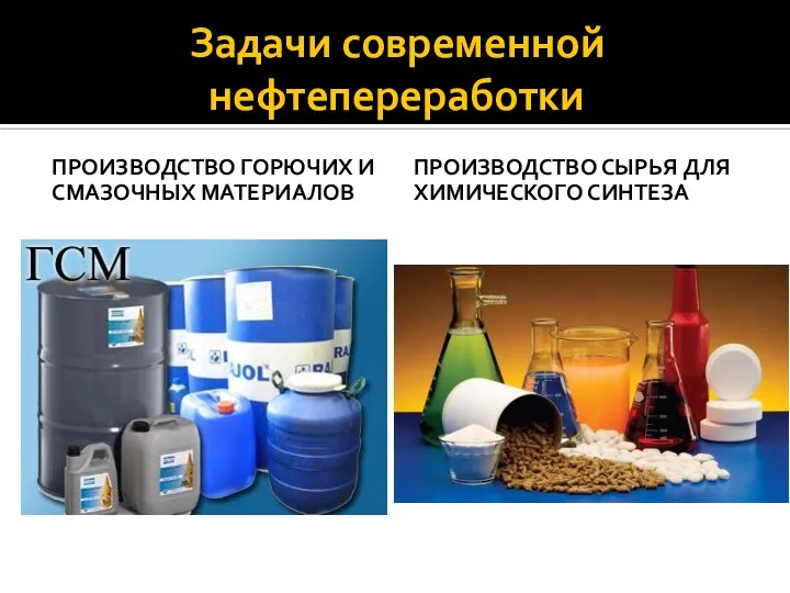 Задачи современной нефтепереработки ПРОИЗВОДСТВО ГОРЮЧИХ И СМАЗОЧНЫХ МАТЕРИАЛОВ ПРОИЗВОДСТВО СЫРЬЯ ДЛЯ ХИМИЧЕСКОГО СИНТЕЗА