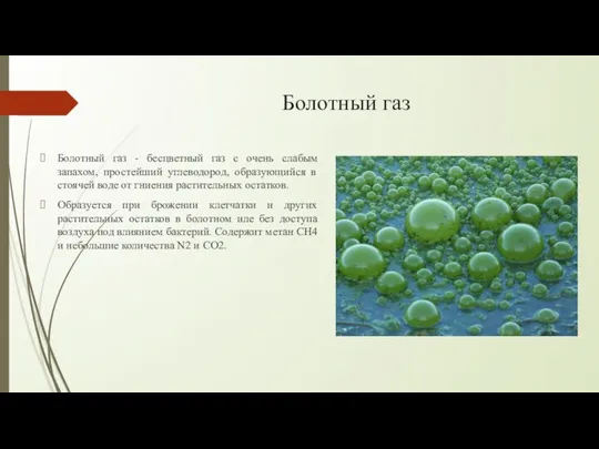 Болотный газ Болотный газ - бесцветный газ с очень слабым запахом,