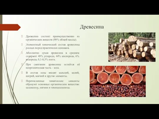 Древесина Древесина состоит преимущественно из органических веществ (99% общей массы). Элементный