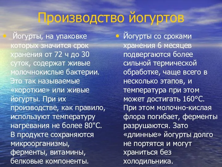 Производство йогуртов Йогурты, на упаковке которых значится срок хранения от 72