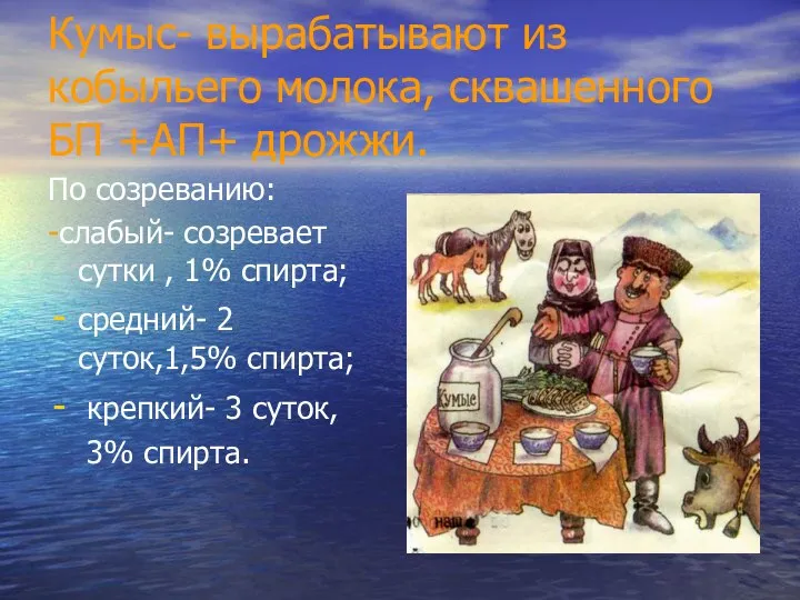 Кумыс- вырабатывают из кобыльего молока, сквашенного БП +АП+ дрожжи. По созреванию: