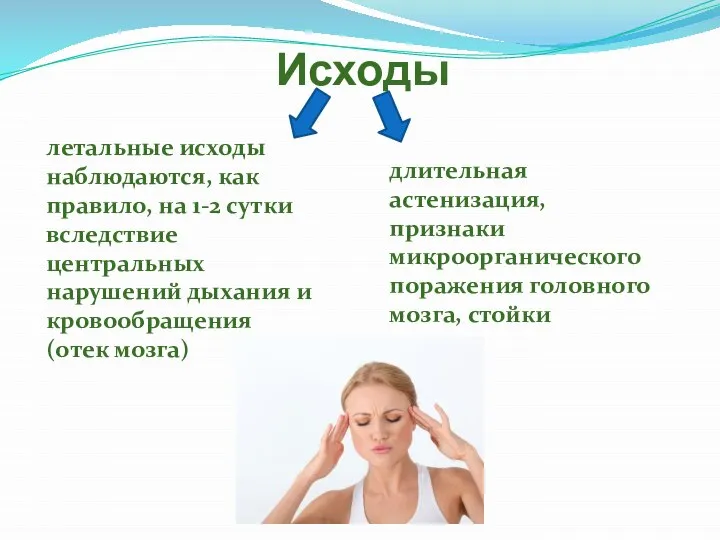 Исходы летальные исходы наблюдаются, как правило, на 1-2 сутки вследствие центральных