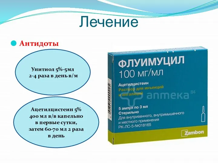 Лечение Антидоты Унитиол 5%-5мл 2-4 раза в день в/м Ацетилцистеин 5%