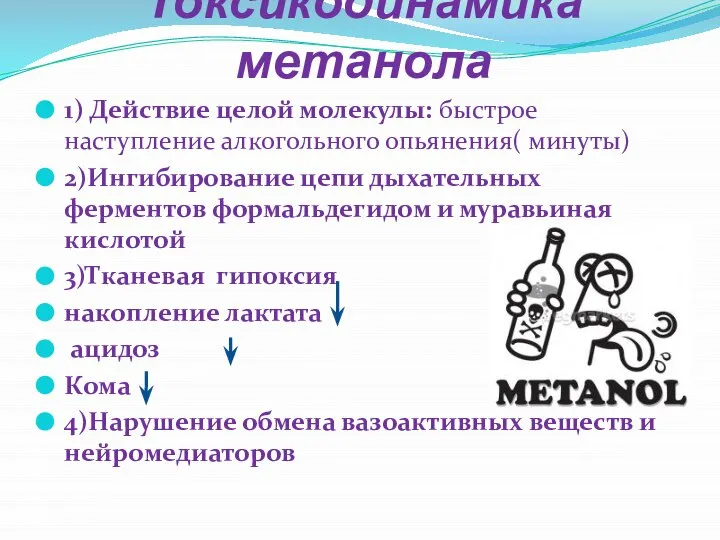 Токсикодинамика метанола 1) Действие целой молекулы: быстрое наступление алкогольного опьянения( минуты)