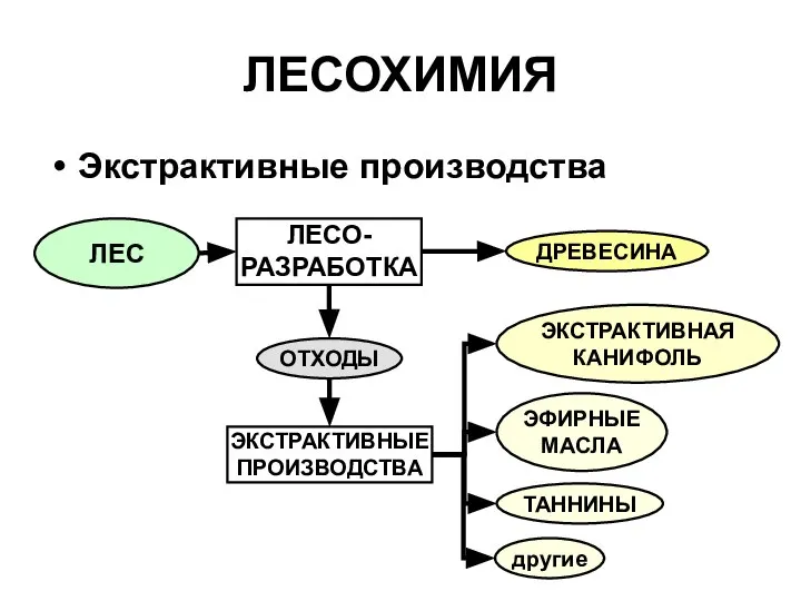 ЛЕСОХИМИЯ Экстрактивные производства ЛЕС ДРЕВЕСИНА ЛЕСО- РАЗРАБОТКА ЭФИРНЫЕ МАСЛА ОТХОДЫ ЭКСТРАКТИВНЫЕ ПРОИЗВОДСТВА ТАННИНЫ другие ЭКСТРАКТИВНАЯ КАНИФОЛЬ