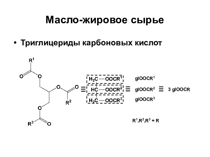 Масло-жировое сырье Триглицериды карбоновых кислот 3 glOOCR ≡ ≡ glOOCR1 glOOCR2 glOOCR3 ≡ R1,R2,R3 = R