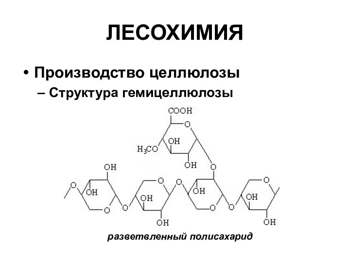 ЛЕСОХИМИЯ Производство целлюлозы Структура гемицеллюлозы разветвленный полисахарид