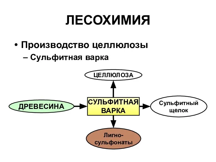 ЛЕСОХИМИЯ Производство целлюлозы Сульфитная варка ДРЕВЕСИНА СУЛЬФИТНАЯ ВАРКА Лигно- сульфонаты ЦЕЛЛЮЛОЗА Сульфитный щелок