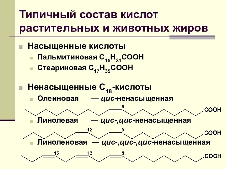 Типичный состав кислот растительных и животных жиров Насыщенные кислоты Пальмитиновая C15H31COOH