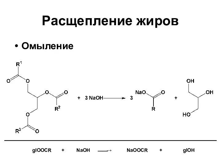 Омыление Расщепление жиров glOOCR + NaOH ⎯⎯→ NaOOCR + glOH