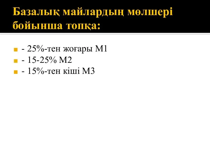 Базалық майлардың мөлшері бойынша топқа: - 25%-тен жоғары М1 - 15-25% М2 - 15%-тен кіші М3