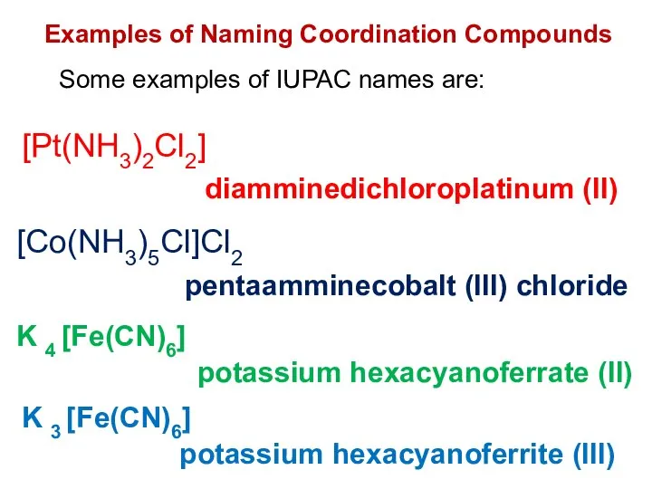 Examples of Naming Coordination Compounds Some examples of IUPAC names are: