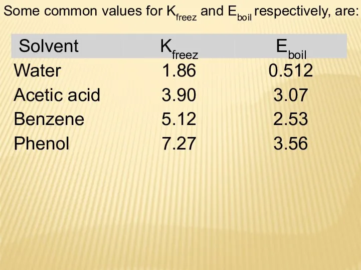 Some common values for Kfreez and Eboil respectively, are: