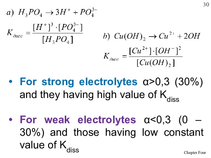 For strong electrolytes α>0,3 (30%) and they having high value of Kdiss For weak electrolytes α