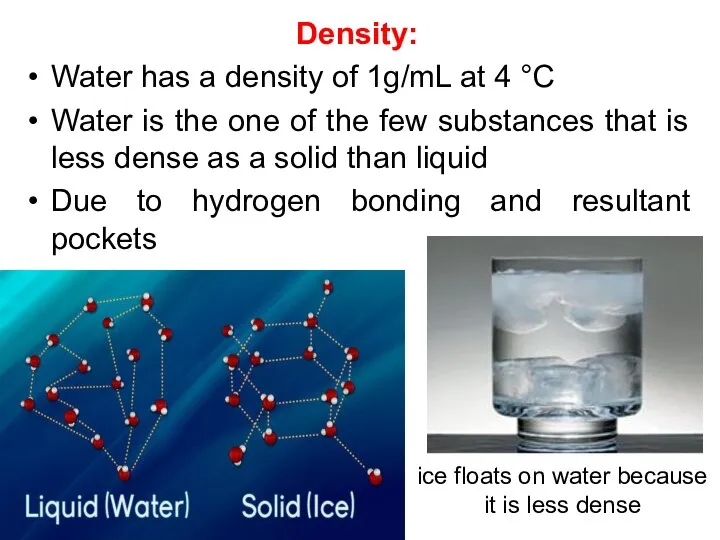 Density: Water has a density of 1g/mL at 4 °C Water