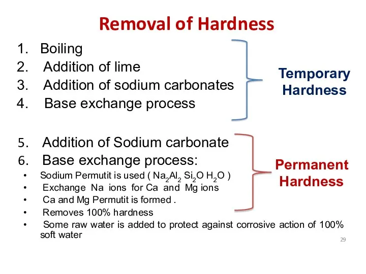 Removal of Hardness Boiling Addition of lime Addition of sodium carbonates