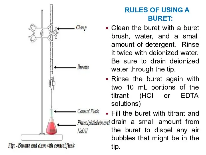 RULES OF USING A BURET: Clean the buret with a buret