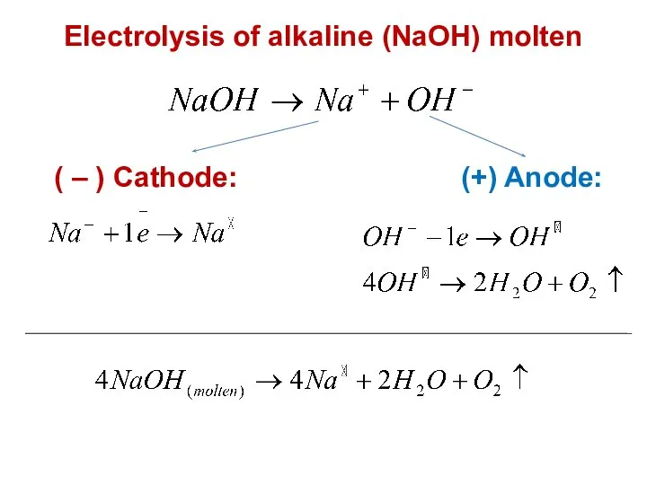 Electrolysis of alkaline (NaOH) molten ( – ) Cathode: (+) Anode: