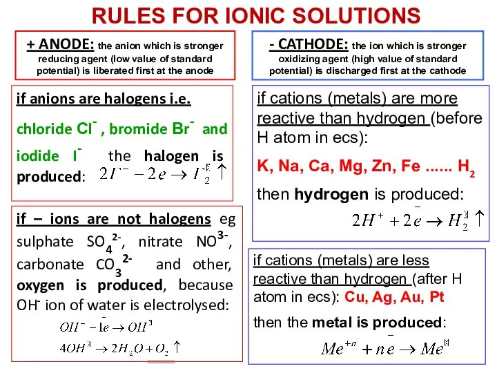 + ANODE: the anion which is stronger reducing agent (low value